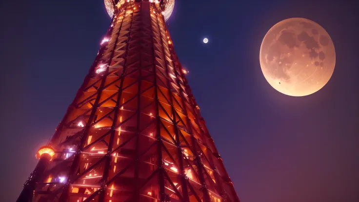 arafed view of a tall tower with a clock on top, japan tokyo skytree, that is 1300 feet tall, towering over the camera, towering over your view, view up, tower, photo taken with an iphone, view from below, the moon on the top right, japan sightseeing, towe...