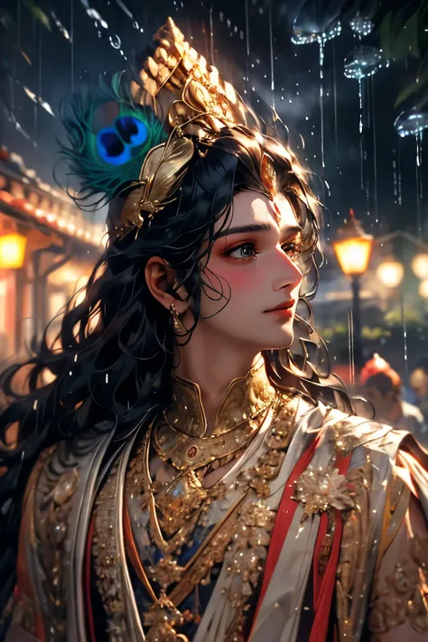 a close up picture of lord krishna's face looking towards the sky, as he looks up the (rain drops: 1.3) fall on his face, a very...