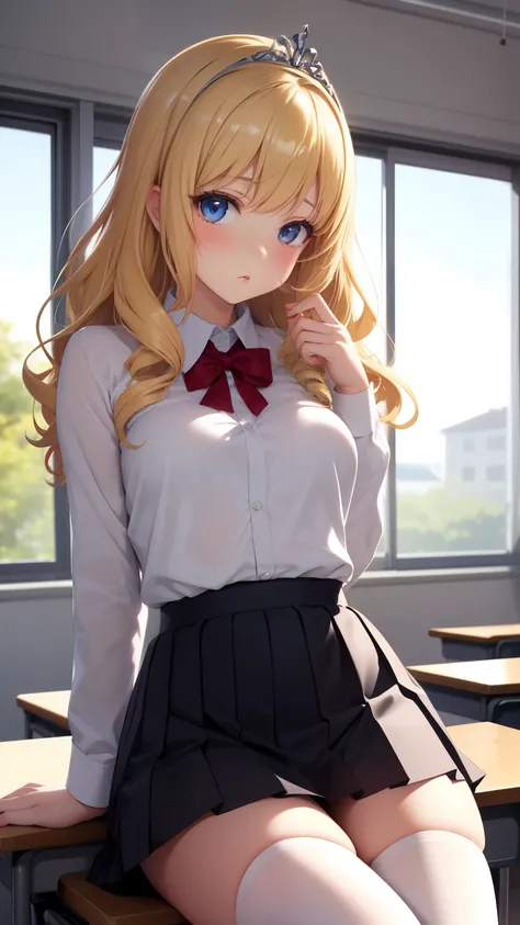 masterpiece, best quality, 1girl, very curly hair, blonde hair, shiny hair, tiara, diadem, medium breasts, narrow waist, looking at viewer, glossy lips, good lighting, latifa fleuranza, pouting, classroom, sitting, white shirt, pleated black skirt, white t...