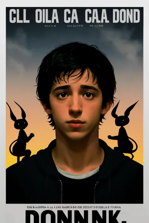 crear un poster de la pelicula de donnie darko  en donde se ve la cara de donnie ((mejor calidad)), ((Obra maestra)), (detallado), 