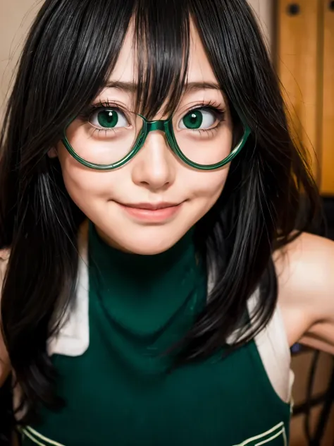 masterpiece, best quality, highly detailed, asui_tsuyu 1girl, solo, facing viewer, green super hero, glasses