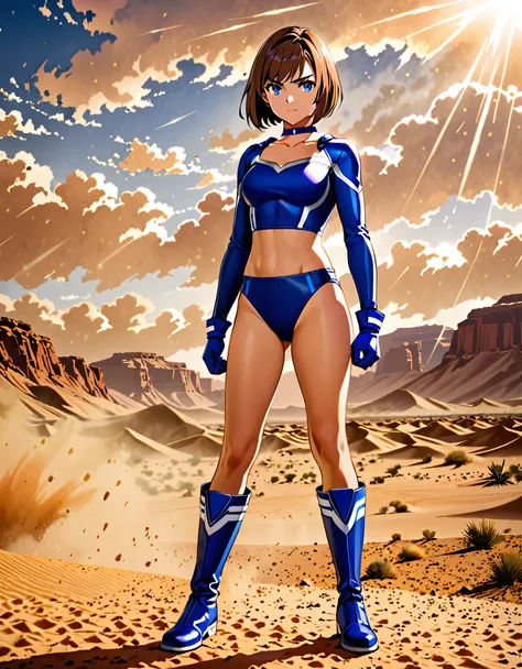 1girl, superhero, blue choker, blue eyes, blue footwear, blue gloves, boots, leotard, midriff, long sleeves, medium breasts, brown hair, knee boots, short hair, bob hair, solo, standing, determined, full body, desert backdrop, sandstorm, college-age female