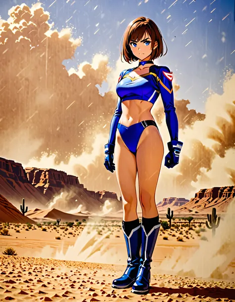 1girl, superhero, blue choker, blue eyes, blue footwear, blue gloves, boots, leotard, midriff, long sleeves, medium breasts, brown hair, knee boots, short hair, bob hair, solo, standing, determined, full body, desert backdrop, sandstorm, college-age female