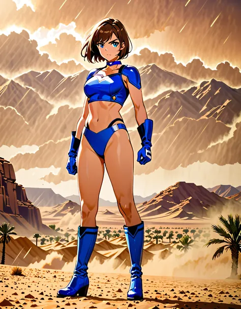 1girl, superhero, blue choker, blue eyes, blue footwear, blue gloves, boots, leotard, midriff, long sleeves, medium breasts, brown hair, knee boots, short hair, bob hair, solo, standing, determined, full body, desert backdrop, sandstorm, college-age female