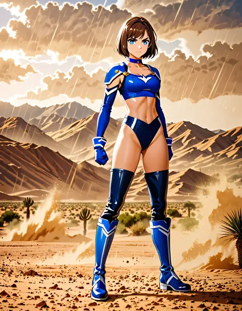 1girl, superhero, blue choker, blue eyes, blue footwear, blue gloves, boots, leotard, midriff, long sleeves, medium breasts, brown hair, knee boots, short hair, bob hair, solo, standing, determined, full body, desert backdrop, sandstorm, college-age female