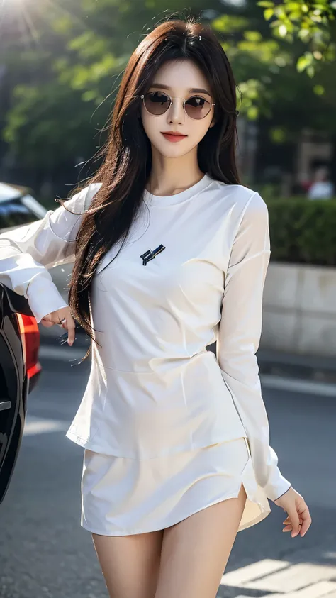 ​masterpiece、top-quality)、1 beutiful girl、Slim body、((Black and white plain clothes:1.1))、((Wearing black sunglasses )), (Detailed beautiful eyes), ((Detailed skin)) , ((Detailed beautiful hair)), Walk around the store、((Boyish Brown Medium Hair))、((Smalle...