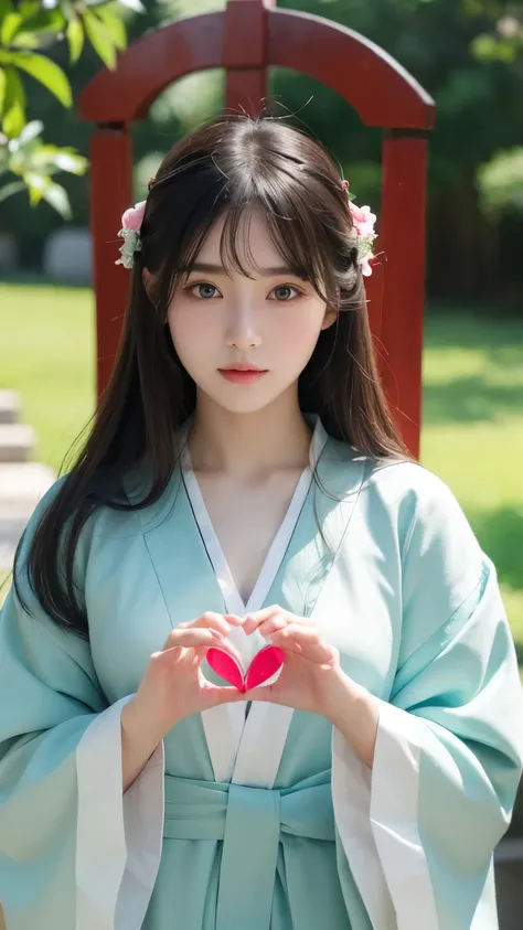 Love God（Beautiful girl、slightly drooping eyes、Healthy Skin、Full body portrait、Heart in hands）、Photorealistic。Delicate and beautiful。Perfect Face。highest quality。High resolution。shrine。Shrine Maiden&#39;s Clothing。