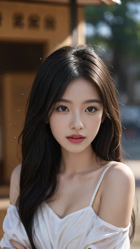 A perfect young female white-collar worker，Chinese，High picture quality，Works of masters，Black hair，Long hair flowing over the shoulders，Beach wave hairstyle，cropped shoulders，clavicle，exquisite face，Hydrated red lips，Real Human，CG rendering，16k，Stand up，D...