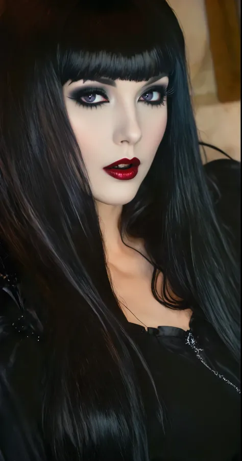 arafed woman with black hair and red lipstick posing for a picture, dark hair and makeup, long raven hair, wonderful dark hair, dark black hair, wearing goth makeup, pale goth beauty, dark hair, raven black hair, gothic makeup, goth woman, dark goth queen,...