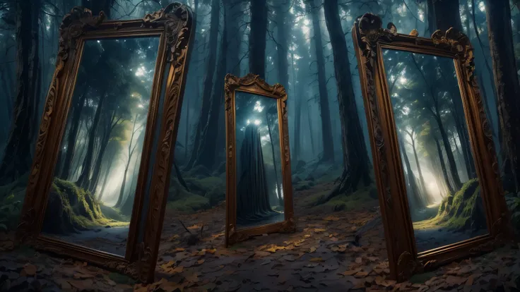 A tall mirror in a dark forest, the mirror shows another world, the mirror has a wooden frame with glowing runes carved in the frame,