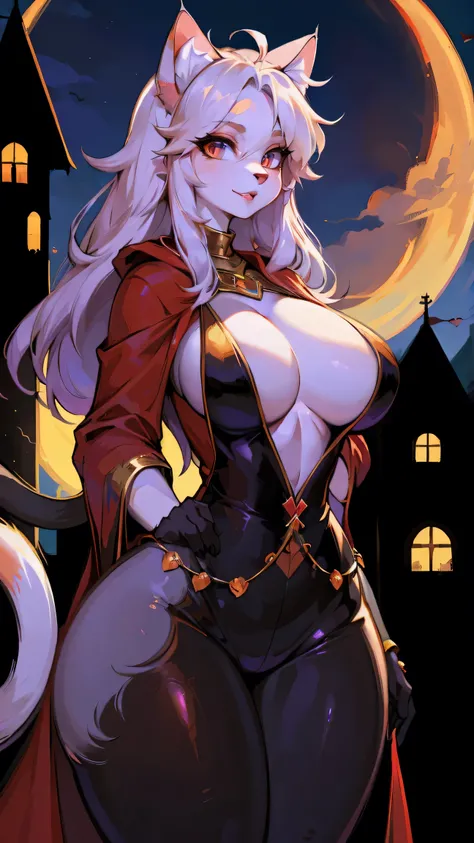 red robe,Large Breasts,(best quality,4k,8k,highres,masterpiece:1.2),ultra-detailed,(fluffy:1.5),catwoman,(beautiful/detailed eyes:1.1),long lashes,flowy chiffon,(jewelry/accessories:1.1),well-proportioned figure,(thick thighs:1.1),loona,perfectly high-deta...