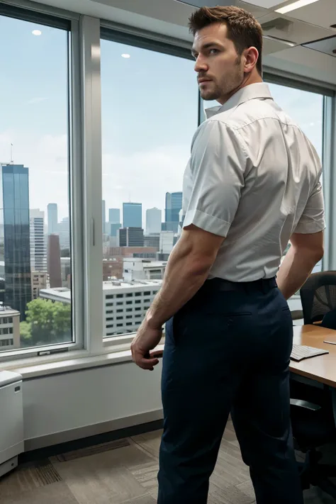 a handsome man in the office,crew cut,business,windows,cityscape,full body,mature male,[plump],[chris redfield], backside 