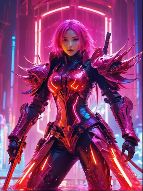 Cyberpunk helllady warrior in neon mecha armor，female swordsman Holding a sword in a pool of blood，solo，1sword，Luminescence&#39;s light eyes，Devil&#39;s Wings，Wide-angle lens，biology，weird，Creepy，nightmarish，Very bright neon colors，Light Particles，Luminesc...