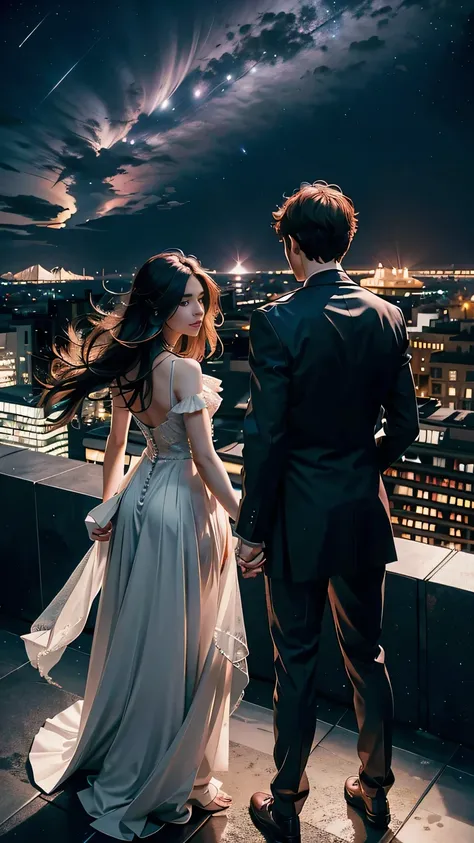 A woman and a man standing on top of a building, creating a beautifully romantic scene. The couple stands against the backdrop of the midnight sky, with the cityscape in the background. Capture a shot from the back, concealing their faces, adding an air of...