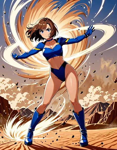 1girl, superhero, blue choker, blue eyes, blue footwear, blue gloves, boots, leotard, midriff, long sleeves, medium breasts, brown hair, knee boots, short hair, bob hair, solo, standing, determined, full body, desert backdrop, sandstorm, college-age female...