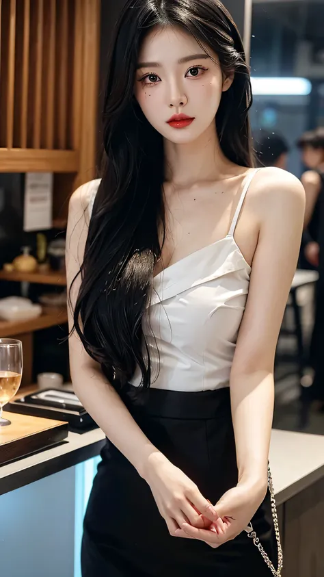 A perfect young female white-collar worker，Chinese，High picture quality，Works of masters，Black hair，Long hair flowing over the shoulders，Beach wave hairstyle，cropped shoulders，clavicle，exquisite face，Hydrated red lips，Real Human，CG rendering，16k，Stand up，D...