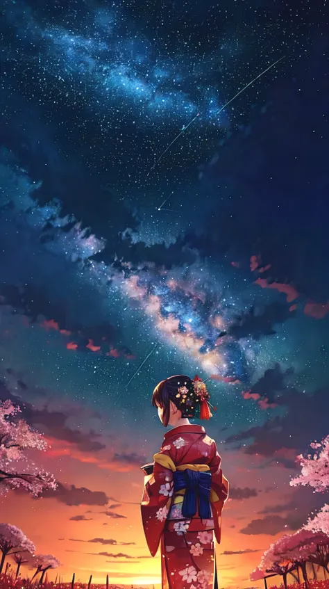 1girl, distant girl wearing a kimono staring at the stars, (zoomed out:1.1), (meteor shower:1.2), (comet:1.1), your name, low angle, from behind, aroura borealis, shooting star, yukata, red kimono, cherry blossoms, standing in a field,best quality, masterp...