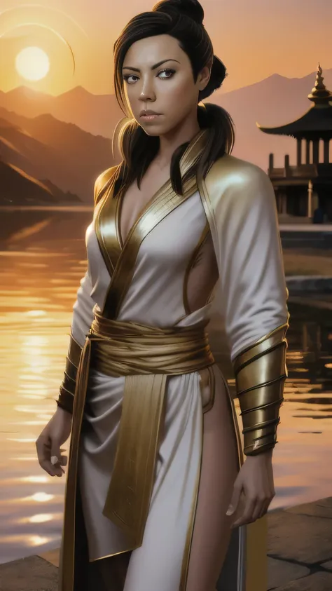 (aubrey plaza) as ashrah from mortal kombat, brown eyes, brown hair, hair bun, white robes, gold trim, mystical body tattoos, my...