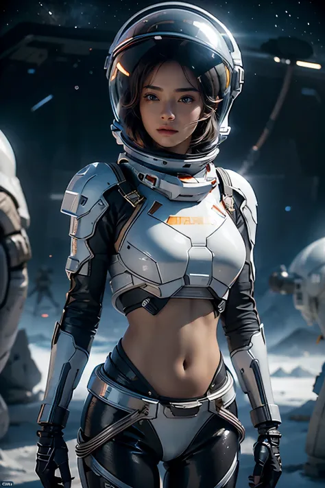 arafed woman wear spacesuit standing in front of space, A desolate ice planet in the background, ((Very detailed helmet)), outdoor, midriff spacesuit, Cropped tops, ((Bare belly)), The abdomen is open, Stomach, beautiful girl, Ultra-high resolution (Realit...