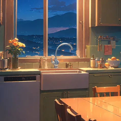 There is a kitchen,There is a table and a sink inside, Anime Background Art, Beautiful anime scene, With Artest Guerin (atey ghailan) style, Detailed scenery 2, Amazing wallpapers, Inspired by Artie Guerin, lofi artstyle, Artie Guerin 8K, Xin Haicheng styl...
