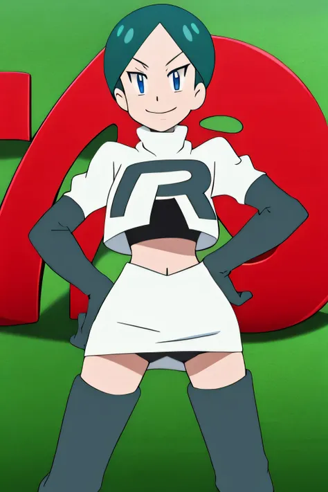 view of the valley, with grass, team rocket uniform, red letter r, white skirt,white crop top,black thigh-high boots, black elbow gloves, evil smile, looking at viewer, hands on hips,black panties,marley