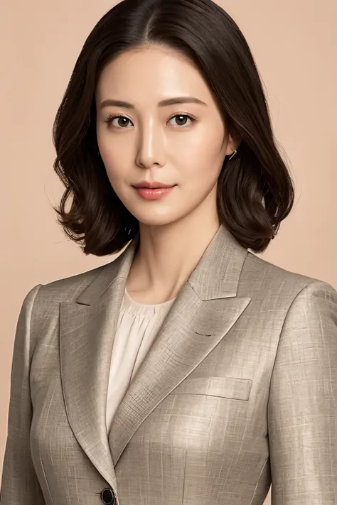 ((Best quality, 8k, Masterpiece :1.3)), 1 secretary woman in her 30s of Korean descent, wearing a fitted business suit: 1.2, short sleek hair: 1.2, giving directions with a T-pose: 1.5, exuding a professional business aura: 1.1, against a background with a...