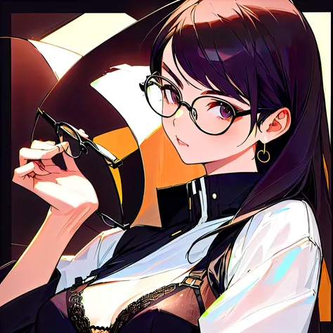 a woman wearing glasses and a black bra top posing for a picture, with glasses, with black eyeglasses, wearing thin large round glasses, wearing small round glasses, girl wearing round glasses, big round glasses, thin round glasses, with square glasses, wi...