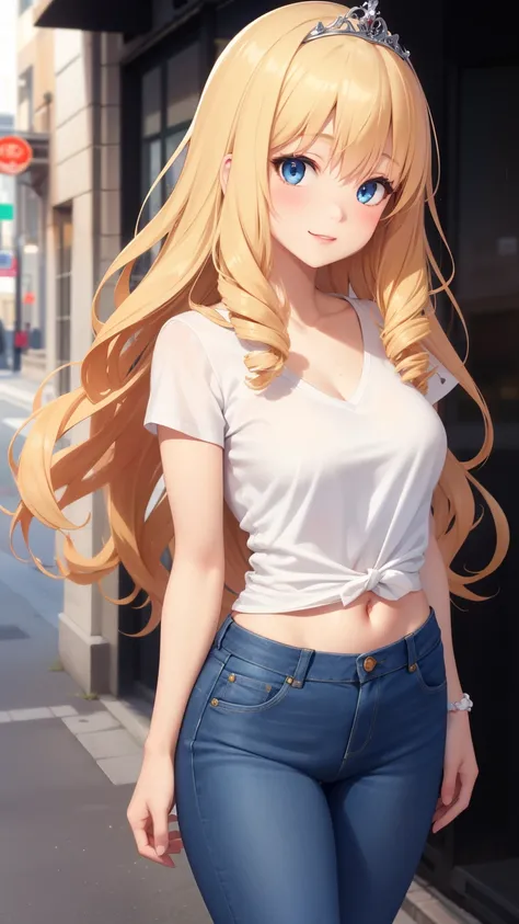 masterpiece, best quality, 1girl, very curly hair, blonde hair, shiny hair, medium breasts, narrow waist, looking at viewer, glossy lips, good lighting, latifa fleuranza, light smile, city street, jeans, v-neck t-shirt, tiara, diadem
