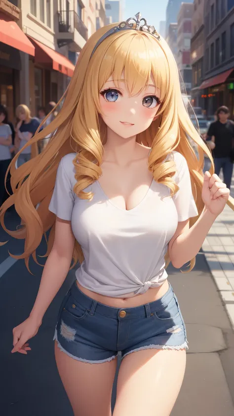 masterpiece, best quality, 1girl, very curly hair, blonde hair, shiny hair, medium breasts, narrow waist, looking at viewer, glossy lips, good lighting, latifa fleuranza, light smile, city street, shorts, v-neck t-shirt, tiara, diadem