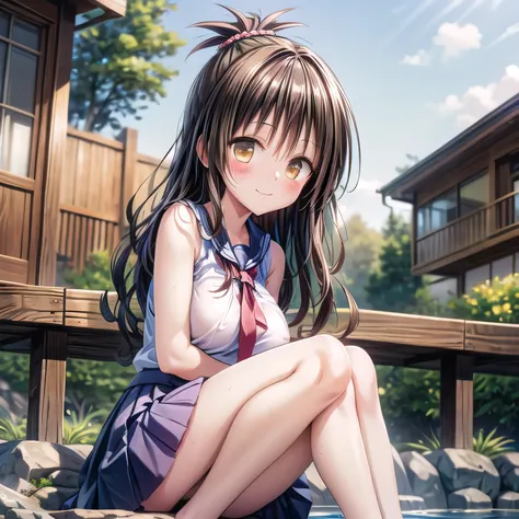 realistically, hair ornament, outdoor, onsen, daytime, lightray, glitter hair, brown eyes, glowing eyes, white short skirt, ultra shot skirt, Blush, daytime, Wet, see through, sleeveless shirt, nipples, pussy, armpit, 14 years old, pussy, tricky smile, (((...