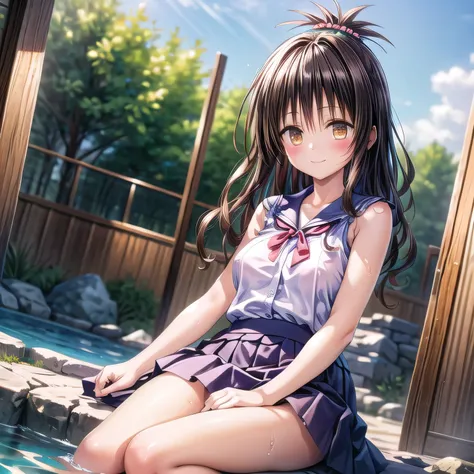 ((best quality)), ((masterpiece)), realistically, hair ornament, outdoor, onsen, daytime, lightray, glitter hair, brown eyes, gl...