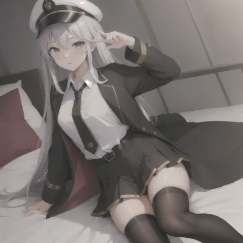 (masterpiece, highest quality:1.2),figure,8k,High resolution,One girl,alone,Cowboy Shot,length_hair,((はだけたClothes装,Sexy pose,chestの谷between,whiteいビキニ、On the bed)),Have,tie,white Have,skirt,white_hair,Knee socks,Peaked_cap,purple_eye,chest,black_tie,Pleats_...