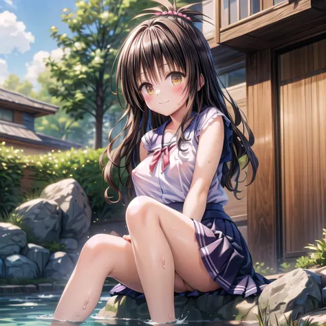 realistically, hair ornament, outdoor, onsen, daytime, lightray, glitter hair, brown eyes, glowing eyes, white short skirt, ultra shot skirt, Blush, daytime, Wet, see through, sleeveless shirt, nipples, pussy, armpit, 14 years old, pussy, tricky smile, (((...