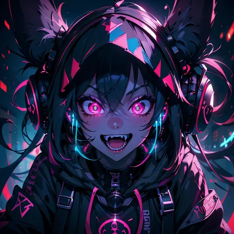 (ultra-detailed), (masterpiece), (best quality), (depth of field), (sharp focus), (cinematic lighting), (vibrant colors), 1girl, crazy smile, fangs, glowing eyes, dynamic pose, upper body shot, monster, headphones, streetwear