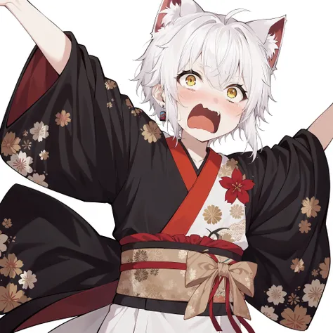 1boy,chip_boy,cat_boy,(animal ears),((white half_kimono)),((white kimono)),black half_kimono,black kimono,(red lapel),short hair,yellow eyes,dot nose,(white hair),short hair with long locks,bangs,ahoge,sash,obi,floral print,(beautiful hands),single earring...
