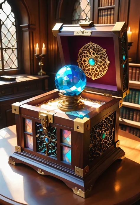 Fantasy concept art, ancient Merlins private stash, chromatic aberration, in Merlins castle cell,

an intricate and magical glowing box, inlaid with mother of pearl ebony and brass, sitting on a mahogany desk, magical light, ethereal, dappled light, sub-su...