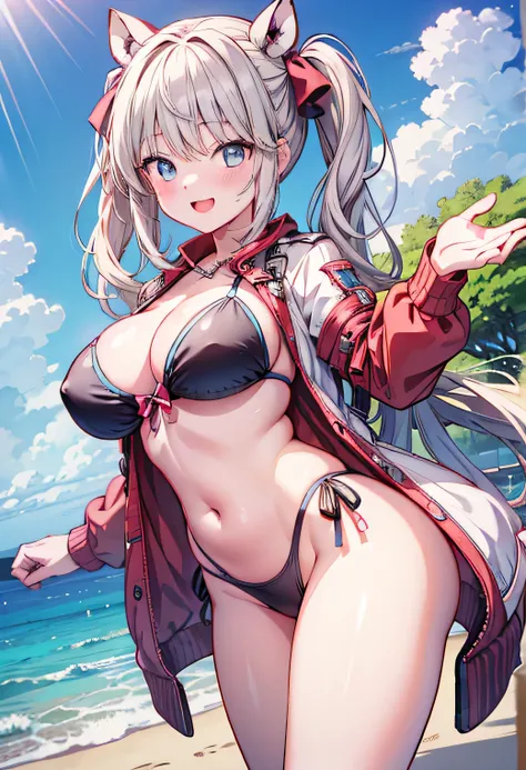 Anime illustration、highest quality、Sandy Beach、Image Video、Gravure idol、Perfect proportions、bikini、Overwhelmingly large breasts、Very thick legs、Beautiful, shining eyes、Blushing、smile、Cowboy Shot