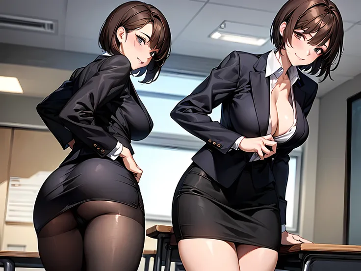 (masterpiece), best quality, expressive eyes, perfect face, 1woman, solo, mature woman, ((business suit)), jacket, pencil skirt, mini skirt, stockings, black panties, brown hair, short hair, large breast, large butt, cleavage, thighs, full body, smile, ((t...