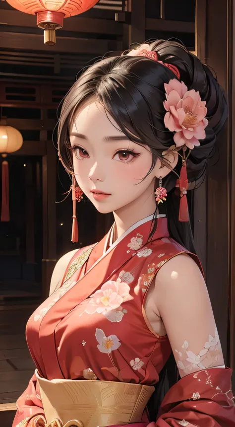 (Focus on upper body and face) Portrait of an overwhelmingly stunning and beautiful Asian woman, elegantly clad in traditional peach clothing. The intricate attire is adorned with magenta flower prints of peonies, outlined with precision and grace. Several...