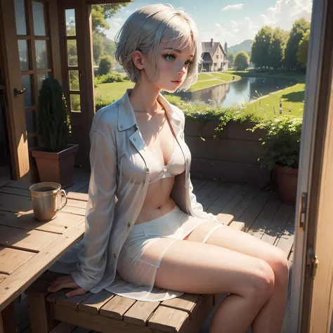 masterpiece, highest quality,Very detailed,Hyper Details, cinematic Light,, One underwear girl, alone, sit, Outdoor, Summer House, sitting in the Summer House,  plant, table, chandelier, Candles, Wind, Green Eyes, Pan Green Silver Hair, short hair, Floatin...