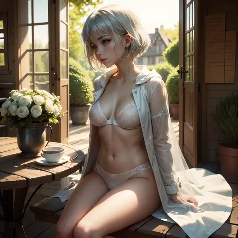 masterpiece, highest quality,Very detailed,Hyper Details, cinematic Light,, One underwear girl, alone, sit, Outdoor, Summer House, sitting in the Summer House,  plant, table, chandelier, Candles, Wind, Green Eyes, Pan Green Silver Hair, short hair, Floatin...