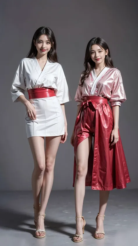 highest quality,masterpiece,Ultra-high resolution,Original photo,Ultra-high resolution，Two beautiful women, 25 years old:1.5，Clothing from the Heisei era in Japan，Long legs:1.5，Full Body，Flashy makeup using red eyeshadow，Big smile，Short cut with subtle sid...