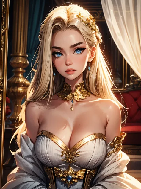 Fantasy, 19th century, empress, woman, delicate face, with pale blonde hair, coiffed hair, blue eyes, in a white royal dress with plunging neckline, with open shoulders, gold patterns on fabric,  hd