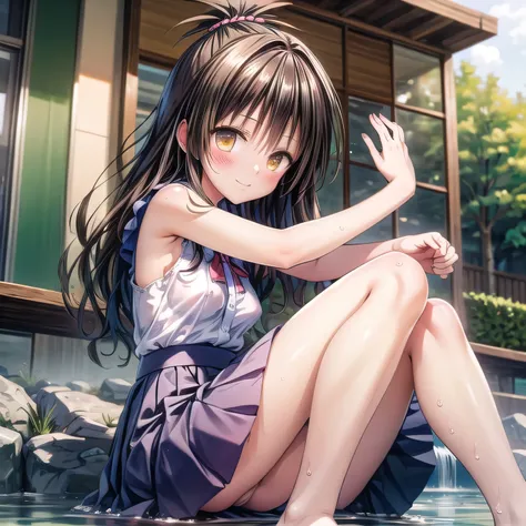 realistically, hair ornament, outdoor, onsen, daytime, lightray, glitter hair, brown eyes, glowing eyes, white short skirt, ultra shot skirt, Blush, daytime, Wet, see through, sleeveless shirt, nipples, pussy, armpit, 14 years old, pussy, tricky smile, (((...