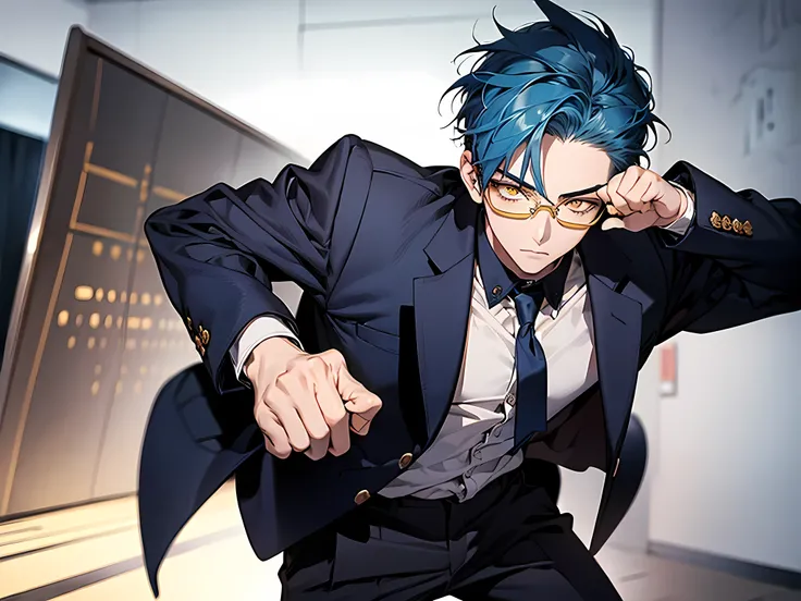 ((1 boy)), 1 person, 18 years old, wearing , punch pose, blue hair, short hair, yellow eyes, detailed eyes, extremely detaild eyes, detailed face, background in class, wearing glasses, detailed pose, full body