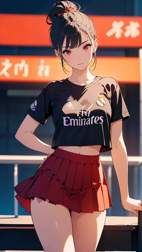 (Girl1,triangle face,red eyes),(black hair,top Knot hairstyle),((t-shirt FC Real Madrid,short skirt)),Very details CG, module, 8K wallpapers, top quality, high precision, beautiful lighting, realistic shade, high precision, detailed skin, very detailed, fa...