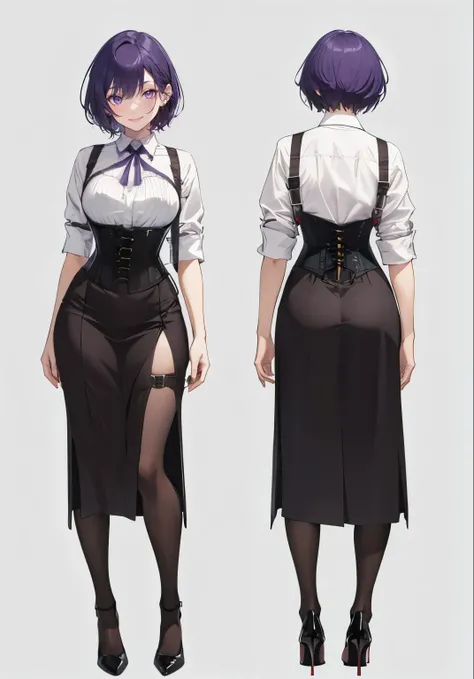 Purple hair,short cut hair,Adult female,Bartender,((Body harness)),((Rolling up your sleeves shirt)),(Corset),(skirt),(slit),High heels,((Simple background)),Smile,((Full body)),((whole body)),Character Sheet,