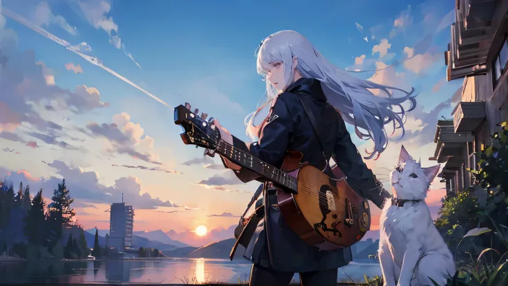 White cat, guitar and sunset