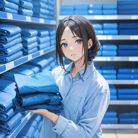 High quality, masterpiece, blue store, store with large amount of blue denim, woman standing in front of shelves, woman holding denim, blue eyes, long hair, princess cut, wearing distressed blue shirt