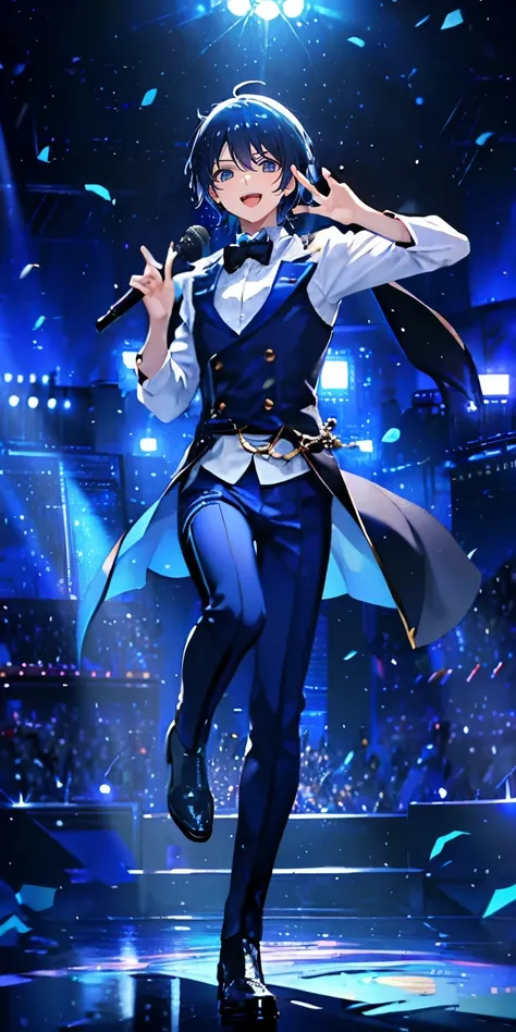 (Mastepiece), (Best Quality), Very detailed, ((1 boy)), Perfect Face, Beautiful Face, Very detailedな顔，((Light blue hair_short hair_Blue eyes:1.3))，Full body photography、Male solo idol、Gorgeous idol costumes、Cape、boots、(pants:1.2)、(Hold the microphone)、stag...